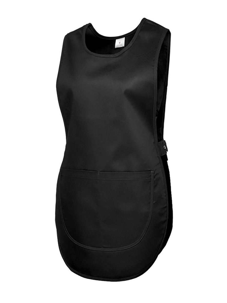 Uneek Clothing UC920 Premium Tabard in black with large front pocket and popper side panels.