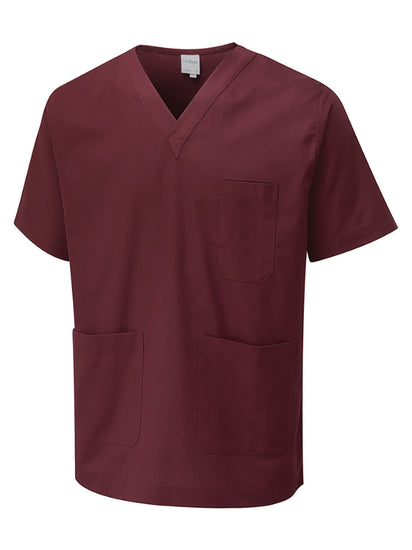 Uneek Clothing Scrub Tunic in maroon with v neck, short sleeves, left chest pocket and two lower front pockets.