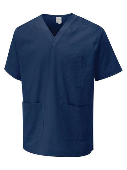 Uneek Clothing Scrub Tunic in navy with v neck, short sleeves, left chest pocket and two lower front pockets.