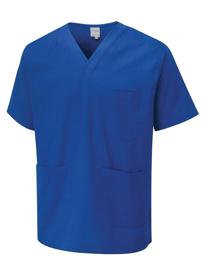 Uneek Clothing Scrub Tunic in royal blue with v neck, short sleeves, left chest pocket and two lower front pockets.