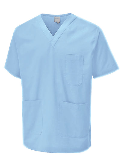 Uneek Clothing Scrub Tunic in sky blue with v neck, short sleeves, left chest pocket and two lower front pockets.