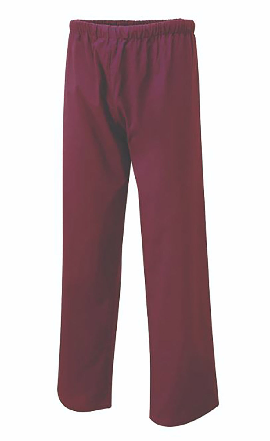 Uneek Clothing Scrub Trousers in maroon with elasticated waist.