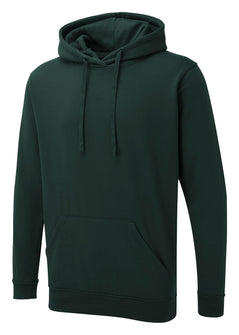 Uneek Clothing UX4 The UX Hoodie in bottle green with long sleeves, hood with drawstring, large front lower pocket and elasticated wrists and bottom.