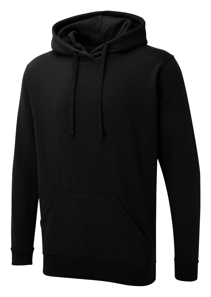 Uneek Clothing UX4 The UX Hoodie in black with long sleeves, hood with drawstring, large front lower pocket and elasticated wrists and bottom.