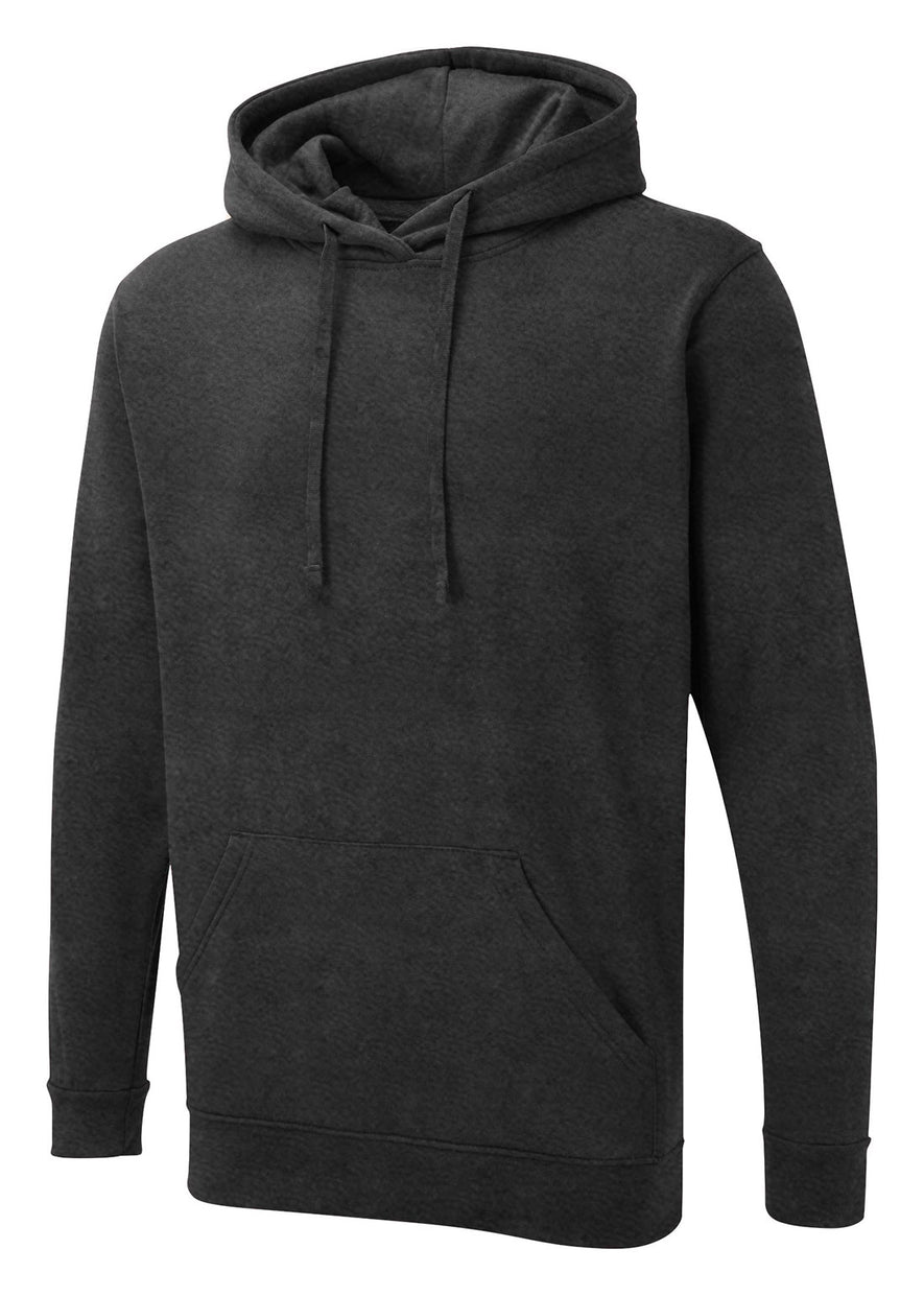 Uneek Clothing UX4 The UX Hoodie in charcoal with long sleeves, hood with drawstring, large front lower pocket and elasticated wrists and bottom.