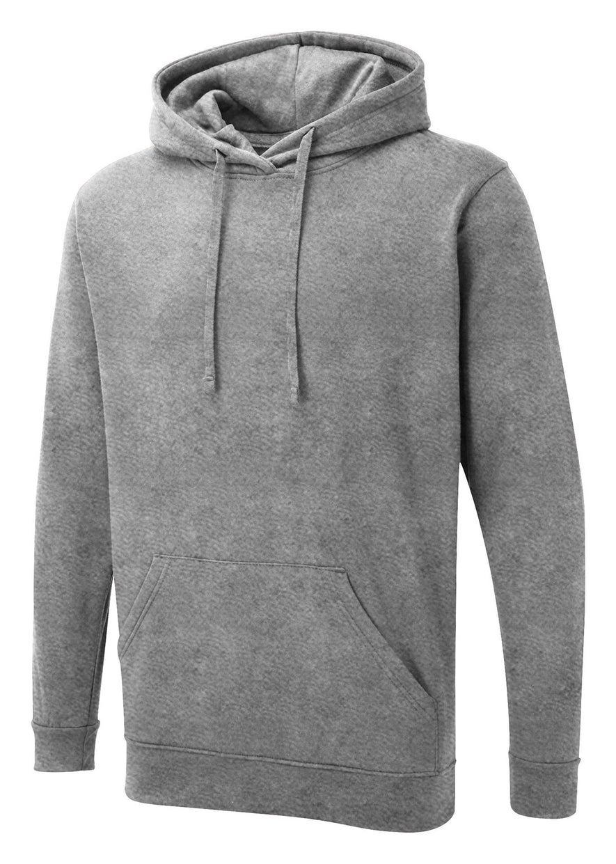 Uneek Clothing UX4 The UX Hoodie in heather grey with long sleeves, hood with drawstring, large front lower pocket and elasticated wrists and bottom.