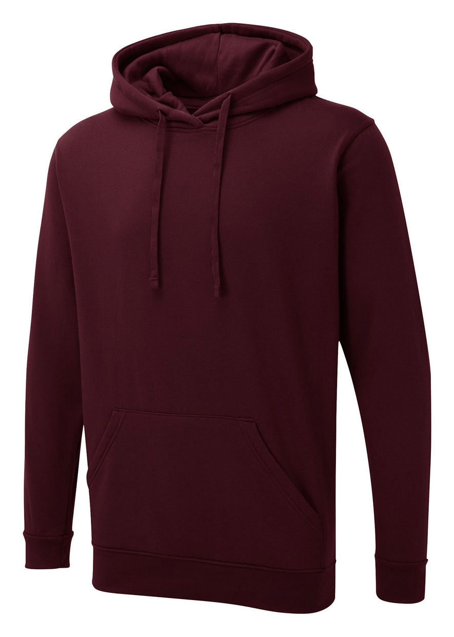 Uneek Clothing UX4 The UX Hoodie in maroon with long sleeves, hood with drawstring, large front lower pocket and elasticated wrists and bottom.