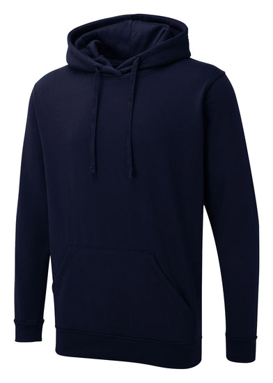 Uneek Clothing UX4 The UX Hoodie in navy with long sleeves, hood with drawstring, large front lower pocket and elasticated wrists and bottom.