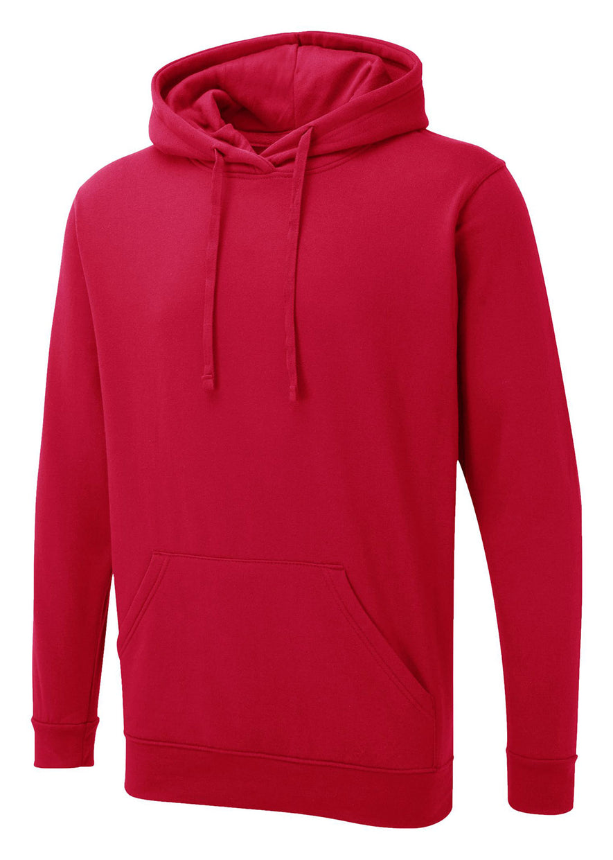 Uneek Clothing UX4 The UX Hoodie in red with long sleeves, hood with drawstring, large front lower pocket and elasticated wrists and bottom.