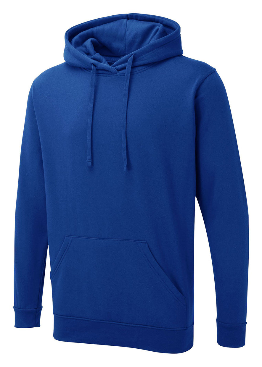 Uneek Clothing UX4 The UX Hoodie in royal blue with long sleeves, hood with drawstring, large front lower pocket and elasticated wrists and bottom.