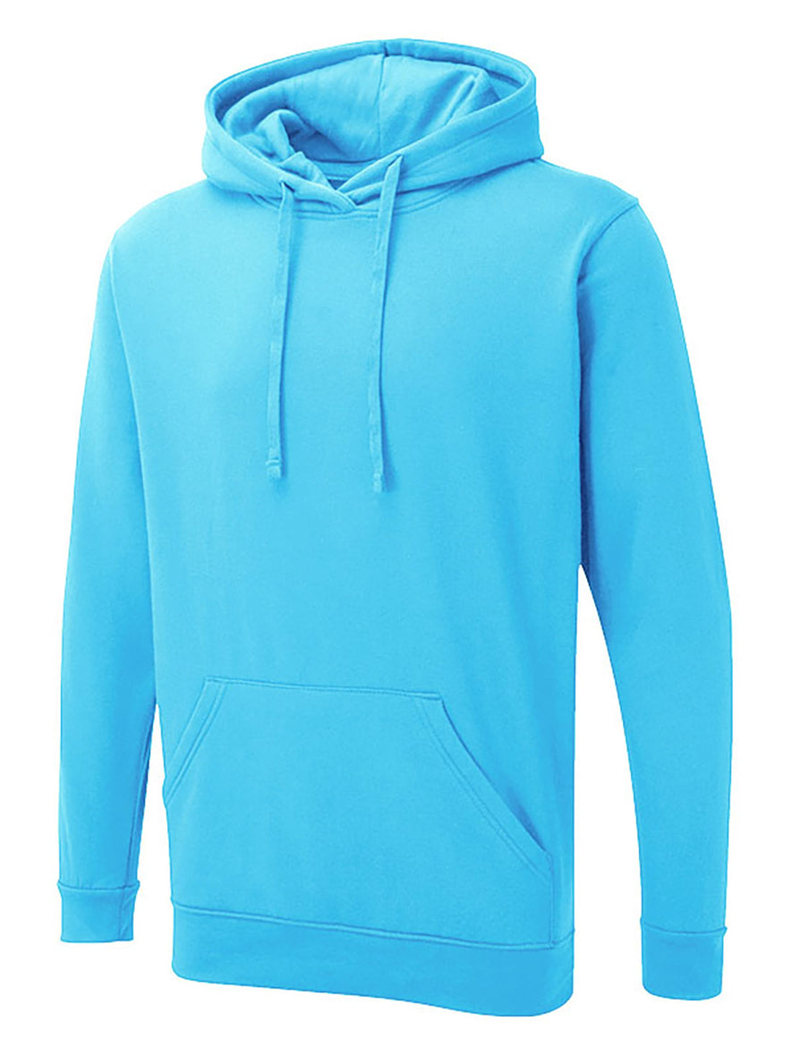 Uneek Clothing UX4 The UX Hoodie in sky blue with long sleeves, hood with drawstring, large front lower pocket and elasticated wrists and bottom.