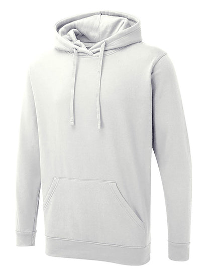Uneek Clothing UX4 The UX Hoodie in white with long sleeves, hood with drawstring, large front lower pocket and elasticated wrists and bottom.