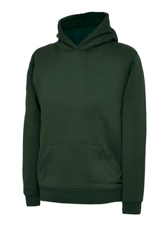 Uneek Clothing UX8 The UX Children's Sweatshirt in bottle green with long sleeves, hood, large front lower pocket and elasticated wrists and bottom.