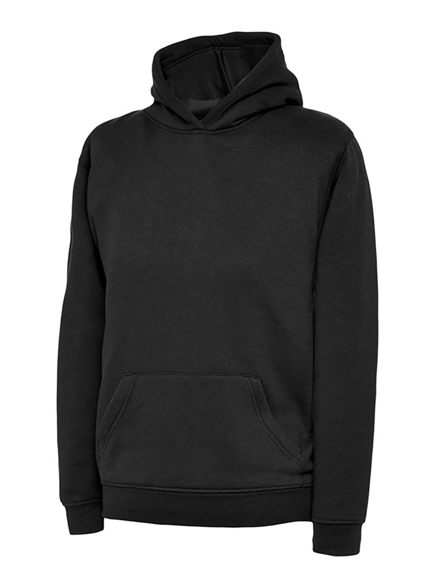 Uneek Clothing UX8 The UX Children's Sweatshirt in black with long sleeves, hood, large front lower pocket and elasticated wrists and bottom.