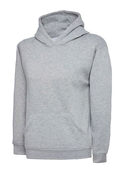 Uneek Clothing UX8 The UX Children's Sweatshirt in heather grey with long sleeves, hood, large front lower pocket and elasticated wrists and bottom.
