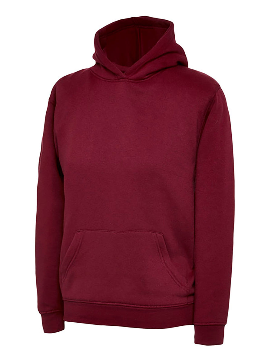 Uneek Clothing UX8 The UX Children's Sweatshirt in maroon with long sleeves, hood, large front lower pocket and elasticated wrists and bottom.