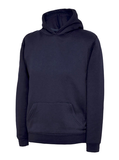 Uneek Clothing UX8 The UX Children's Sweatshirt in navy with long sleeves, hood, large front lower pocket and elasticated wrists and bottom.