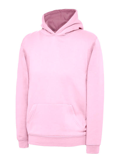 Uneek Clothing UX8 The UX Children's Sweatshirt in pink with long sleeves, hood, large front lower pocket and elasticated wrists and bottom.