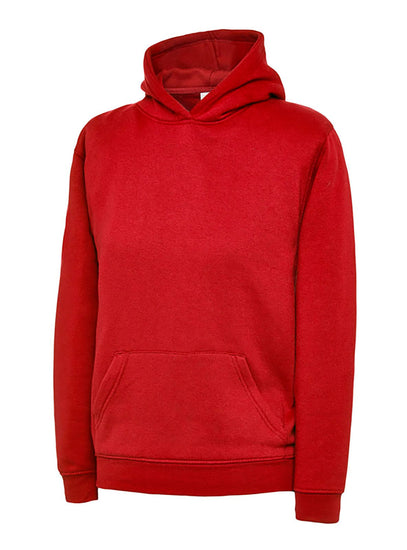 Uneek Clothing UX8 The UX Children's Sweatshirt in red with long sleeves, hood, large front lower pocket and elasticated wrists and bottom.