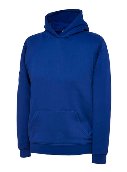 Uneek Clothing UX8 The UX Children's Sweatshirt in royal blue with long sleeves, hood, large front lower pocket and elasticated wrists and bottom.