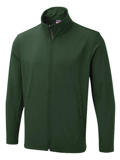 Uneek Clothing UX10 The UX Printable Soft Shell Jacket in bottle green with long sleeves, collar, two lower side pockets with zips and full zip fastening.