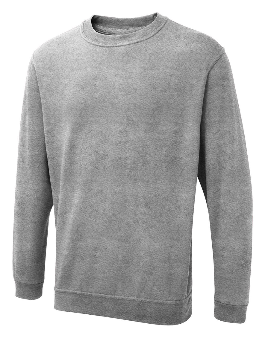 Uneek Clothing UX3 The UX Sweatshirt in heather grey with long sleeves, crew neck and elasticated wrists and bottom.