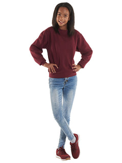 Person wearing Uneek Clothing UX7 The UX Children's Sweatshirt in maroon with long sleeves, crew neck and elasticated wrists and bottom.