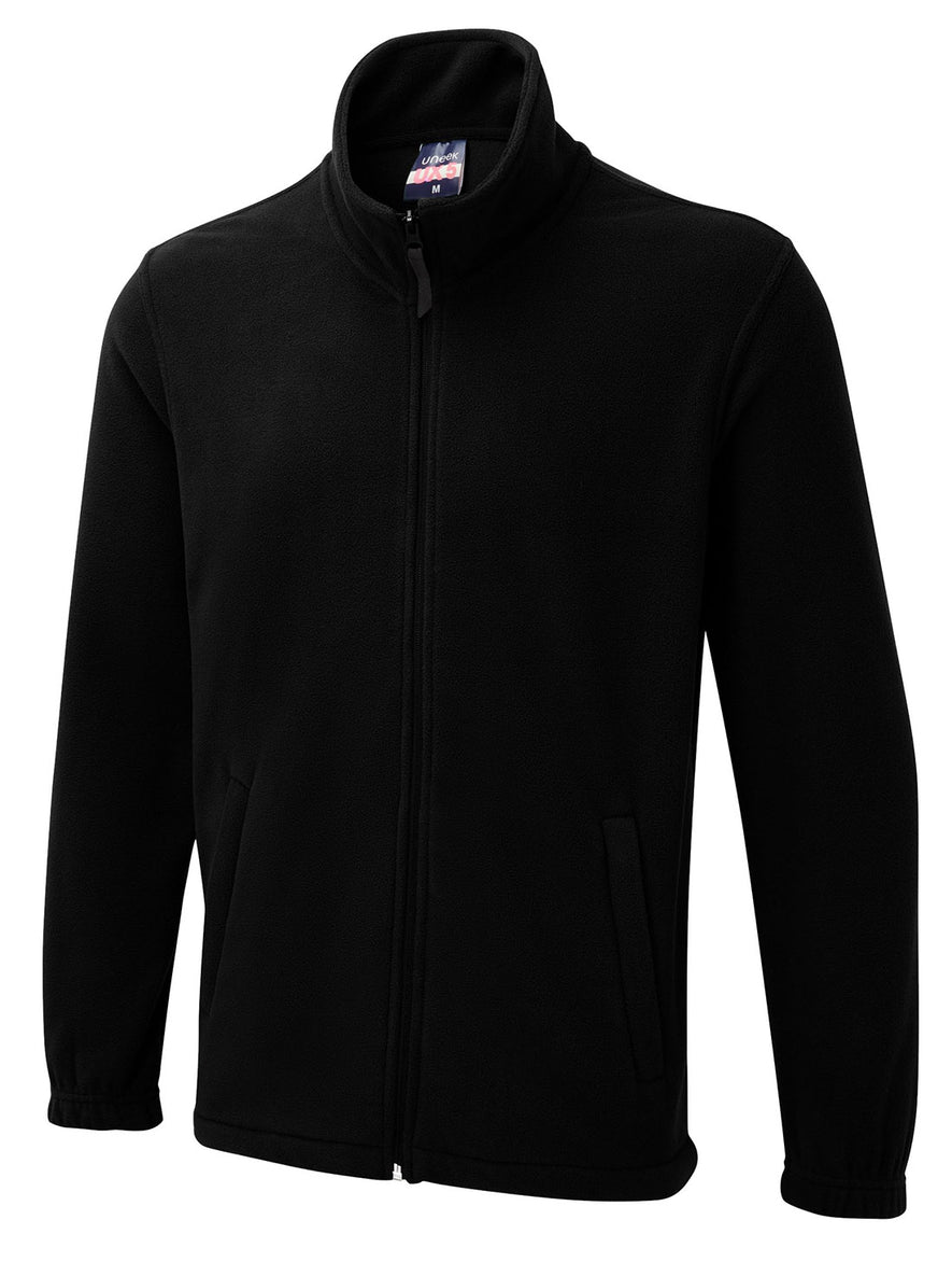 Uneek Clothing UX5 The UX Full Zip Fleece in black with two lower pockets with zip fastenings and elasticated wrists.