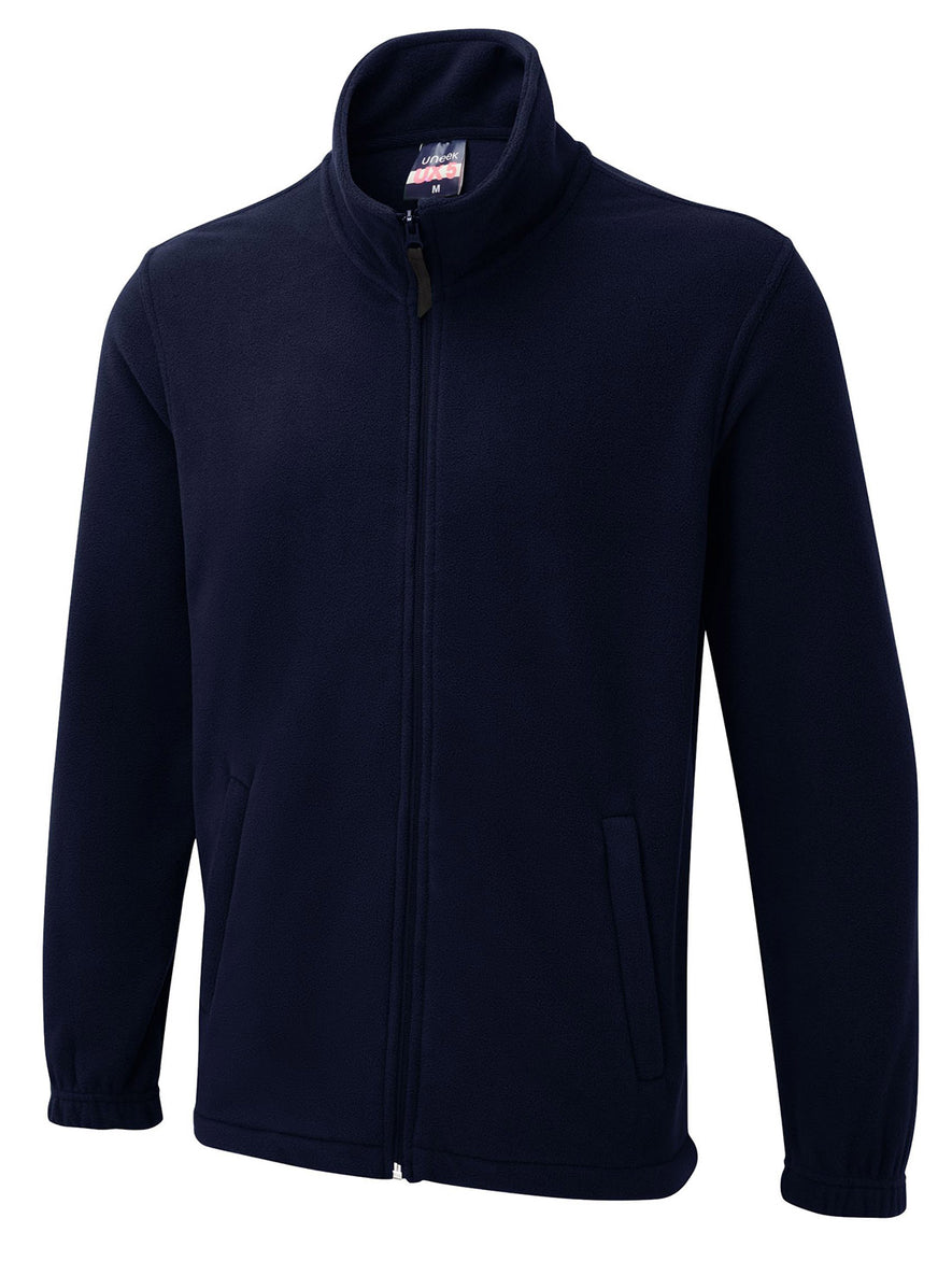 Uneek Clothing UX5 The UX Full Zip Fleece in navy with two lower pockets with zip fastenings and elasticated wrists.