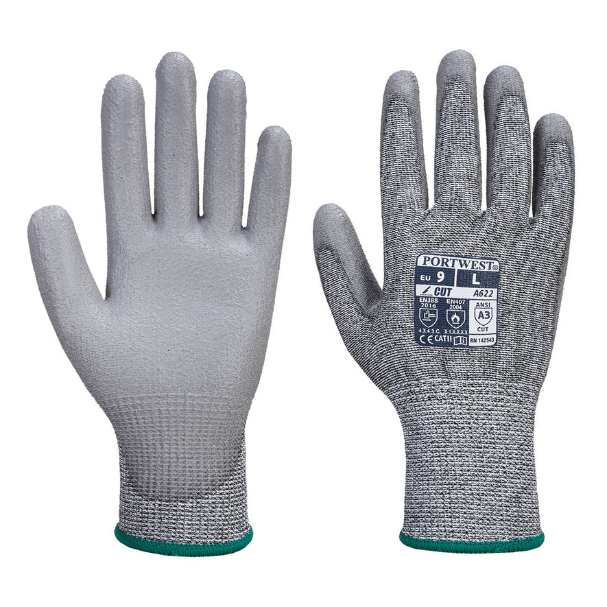 Grey ESD Antistatic MR cut resistant glove with grey PU palm coating. Glove has green elasticated wrist.