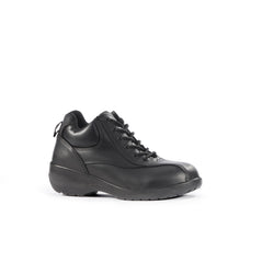 Black women's safety boot with laces, sole and stitching pattern on top and side.