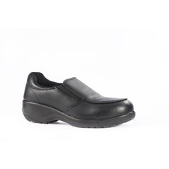 Black women's safety shoe with slip on tongue, sole and stitching pattern on top and side.