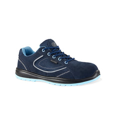 Navy women's safety shoe with laces, light blue sole and stitching pattern and panels on side.