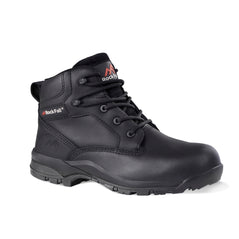 Black women's safety boot with laces, sole, ankle support and stitching pattern on top and side. Rock Fall branding on tongue and side.