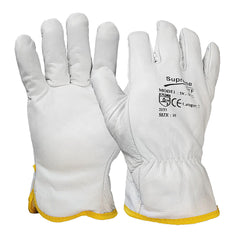 White leather drivers gloves. Gloves have a yellow cuff.