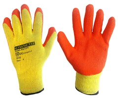 Yellow and orange latex coated grip work gloves. Gloves have an elasticated wrist and are used frequently in the building trade.