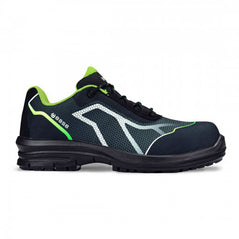 Black, Green And Grey Base Oren Safety Trainer with a protective toe, Scuff cap and contrast on the side of the Trainer.