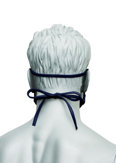 back of Navy flame retardant face-mask faith tie string tighten.