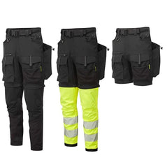 Portwest Ultimate Modular 3-in-1 Trousers 3 styles. First in black with multiple pockets all over, reflective stripes on flaps of front pockets, zips above the knee to convert trousers into shorts, metal triangle loop on waist band and belt with metal buckle. Second is same top half with fluorescent yellow hi-vis trousers on bottom half from above the knee to ankle with two reflective strips on lower legs. Third image is just the shorts top half.