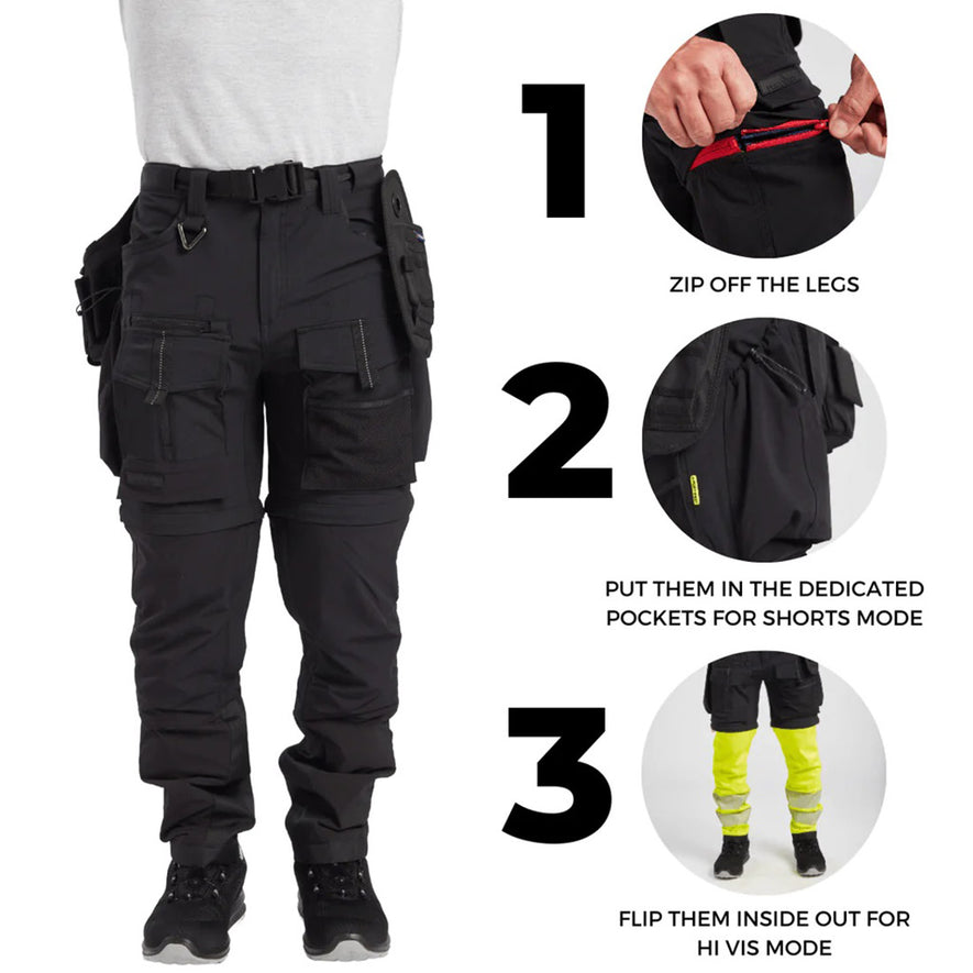 Person wearing Portwest Ultimate Modular 3-in-1 Trousers in black with multiple pockets all over, reflective stripes on flaps of front pockets, zips above the knee to convert trousers into shorts, metal triangle loop on waist band and belt with metal buckle. Three steps in bubbles on right showing zipping off the legs, putting the legs in the dedicated pockets for shorts mode and flipping the legs inside out for Hi-Vis mode. 
