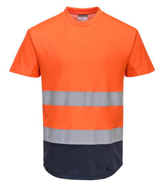 Portwest Hi Vis Two tone Orange and navy mesh T-shirt. T-shirt has navy contrast on the bottom of the shirt. Shirt has hi vis bands across the waist.