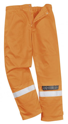 Orange Bizflame Plus trouser with belt loops and reflective strips on shins.