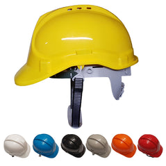 8 point safety hard hat. Hard hat has a chin strap and a pin lock system, Multiple colours of hard hat are in the image; yellow, white, blue, black, grey, orange and red. Perfect item for the construction industry.