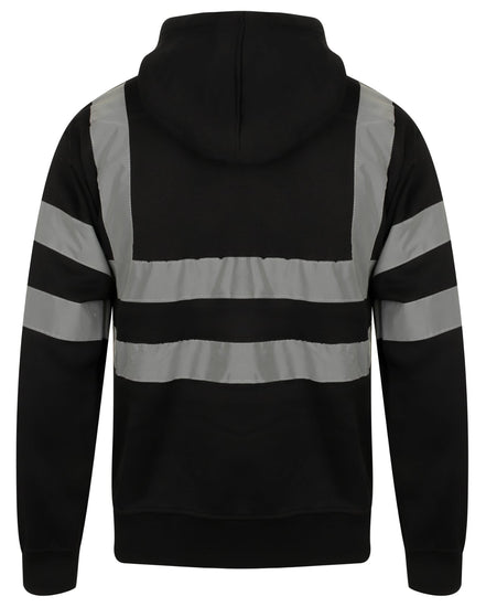 Back of Black Hi vis hooded sweatshirt. Sweatshirts have two hi vis waist bands and hi vis shoulder bands.
