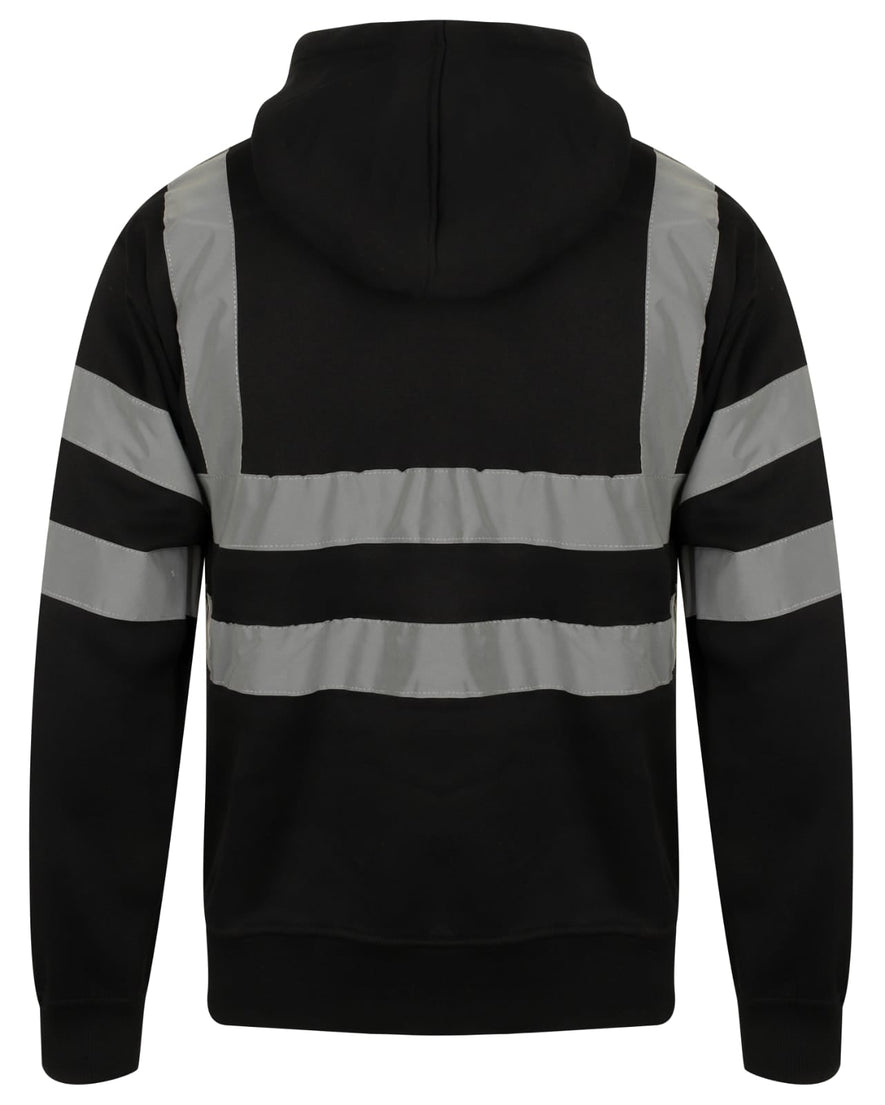 Back of Black Hi vis hooded sweatshirt. Sweatshirts have two hi vis waist bands and hi vis shoulder bands.