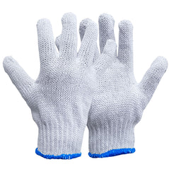 Grey mixed fibre gloves with a blue elasticated cuff