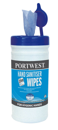 Blue hand sanitiser Portwest wipes in a white tube.