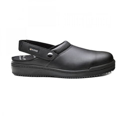 Black Base Lunch Slip On Safety Sandal With Protective Toe and open back.