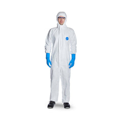 White disposable hooded coverall. The coverall is a type 5/6 coverall. The hood and cuffs are all elasticated optimising the whole body for protection.