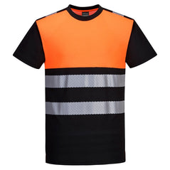 Portwest PW3 hi vis class 1 t shirt. Shirt is in black and has orange contrast on the chest and back. Shirt has hi vis bands on the chest and shoulders.